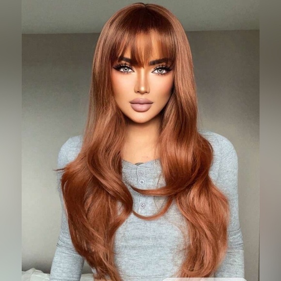 26” Copper Long Wavy natural Synthetic Fiber Full Wig With Bangs for dai… - Picture 2 of 11